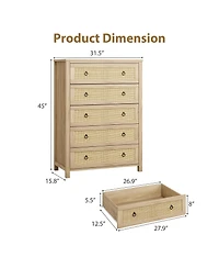 gaomon Rattan 5 Drawer Dresser, 45" Tall Wooden Storage Chest and Tv Stand for Bedroom Living Room Entryway