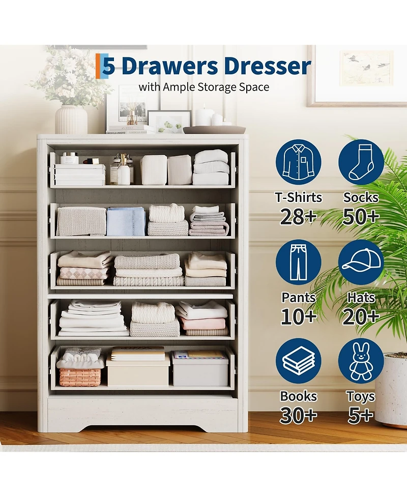 gaomon 46.1" Tall 5 Drawer Wood Dresser with Decorative Fronts and Crystal Knobs, Narrow Storage Chest