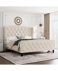 gaomon Bed Frame, Velvet Upholstered Platform with Wingback Headboard, Wooden Slat Support