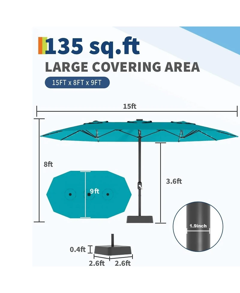 Gaomon Outdoor 15FT Double-Sided Rectangular Patio Umbrella with Base and 36 Solar Led Lights for Pool, Lawn