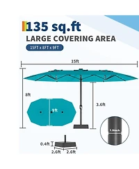 Gaomon Outdoor 15FT Double-Sided Rectangular Patio Umbrella with Base and 36 Solar Led Lights for Pool, Lawn