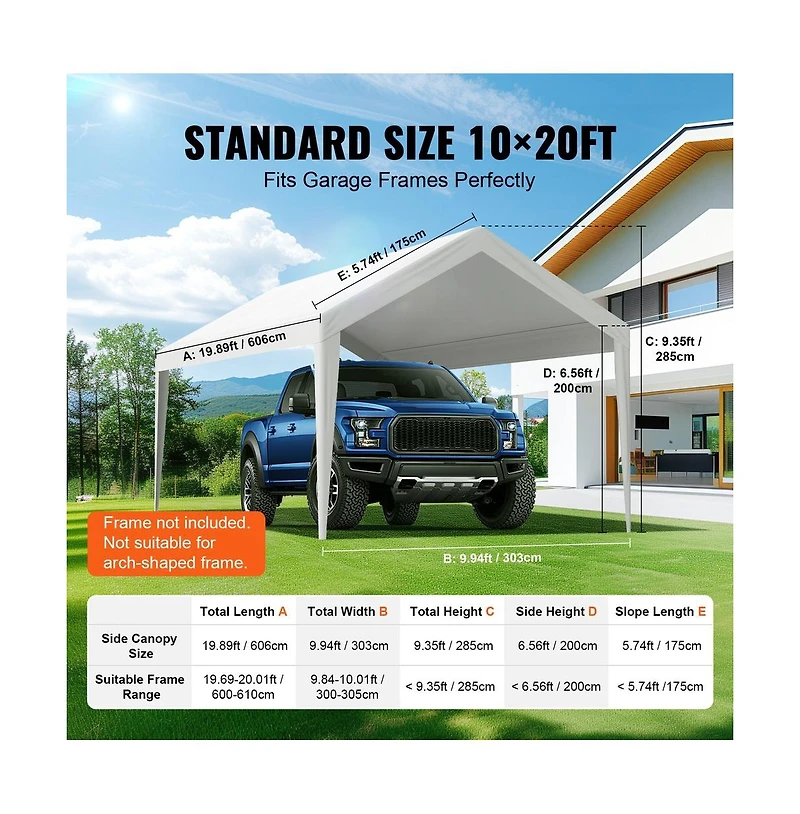 Sugift 10 x 20 ft Carport Replacement Canopy Cover Heavy Duty Waterproof Uv Protected Top Tarp