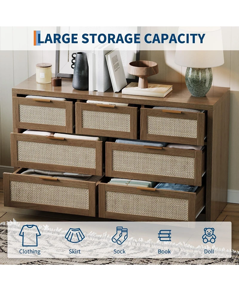 gaomon 7-Drawer Dresser for Bedroom, 52" Wide Rattan Modern Wood Chest with Metal Handles