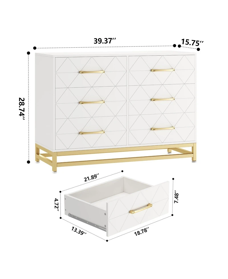 gaomon 6 Drawer Wood Dresser for Bedroom, Modern Storage Chest with Gold Handles and Metal Base