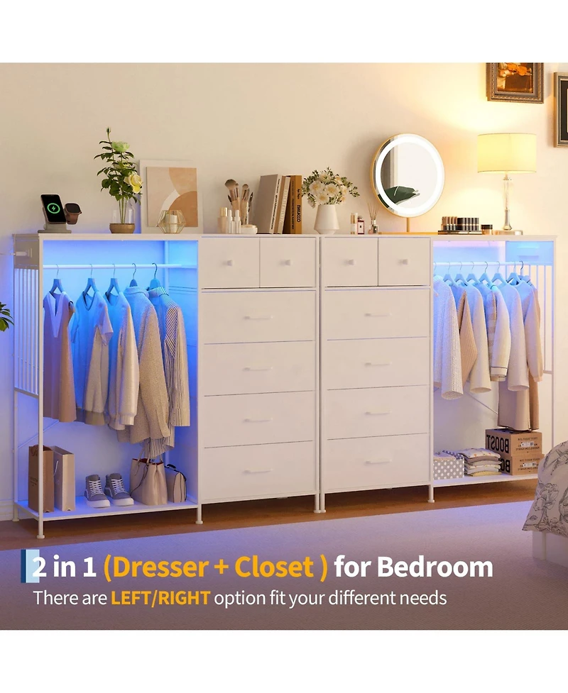gaomon 49.2" Dresser with Hanging Rack, 6 Fabric Drawers, Led Lights and Charging Station Storage Organizer