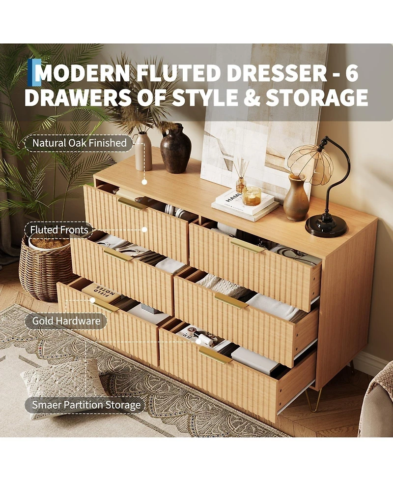 gaomon Fluted 6 Drawer Dresser for Bedroom, 47" Wide Wood Chest with Metal Handles Storage Cabinet