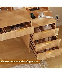 Homfan Fluted Makeup Vanity Desk with Led Lighted Mirror and Power Outlet - 5 Drawers, Glass Top, Door, Adjustable Shelves