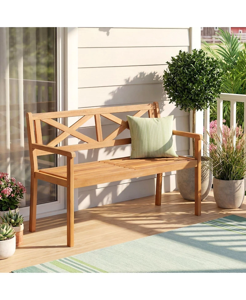 Gymax Outdoor Loveseat Bench 2-Person Patio Acacia Wood Garden Chair w/ Armrests