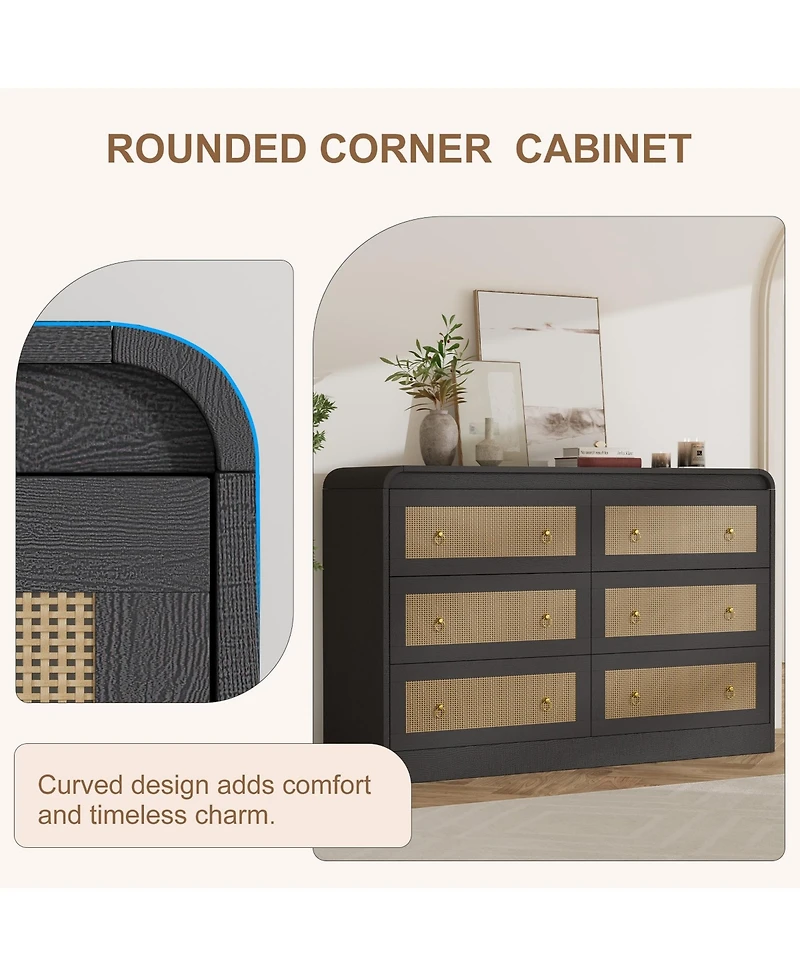 gaomon 6 Drawer Rattan Dresser with Rounded Corners, 46" Wide Modern Wooden Storage Cabinet for Bedroom Living Room
