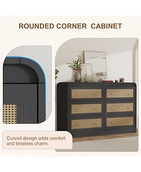gaomon 6 Drawer Rattan Dresser with Rounded Corners, 46" Wide Modern Wooden Storage Cabinet for Bedroom Living Room