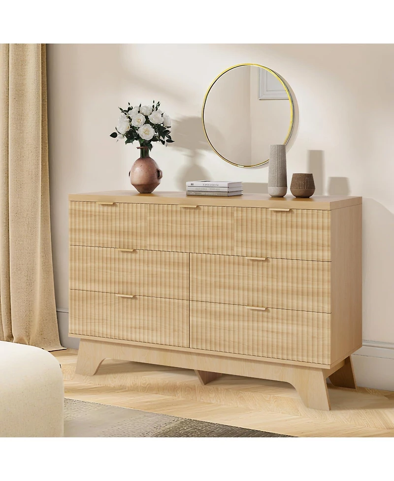gaomon 47" Mid-Century Fluted 7 Drawer Dresser with Gold Handles, Wood Storage Chest