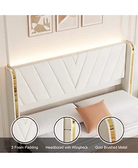 gaomon Velvet Upholstered Bed Frame with Led Lights, 4 Drawers, Wingback Headboard and Charging Station, No Box Spring