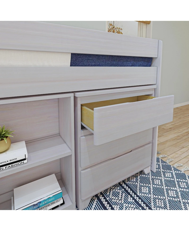 Max & Lily Modern Farmhouse Low Loft Bed, Twin Bed Frame for Kids with 3-Drawer Dresser and 4-Shelf Bookcase