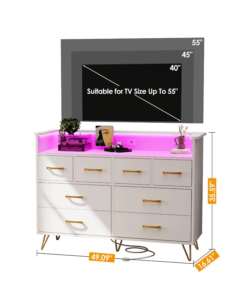 gaomon 8 Drawer Dresser with Led Lights, Charging Station and Open Shelf for Bedroom