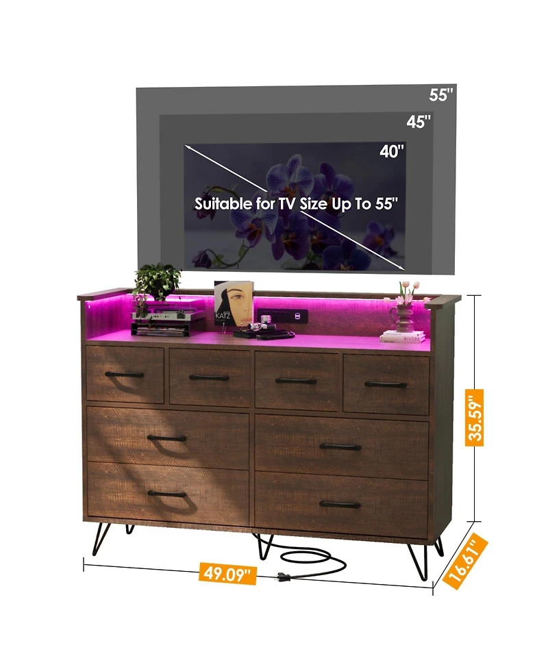 gaomon 8 Drawer Dresser with Led Lights, Charging Station and Open Shelf for Bedroom