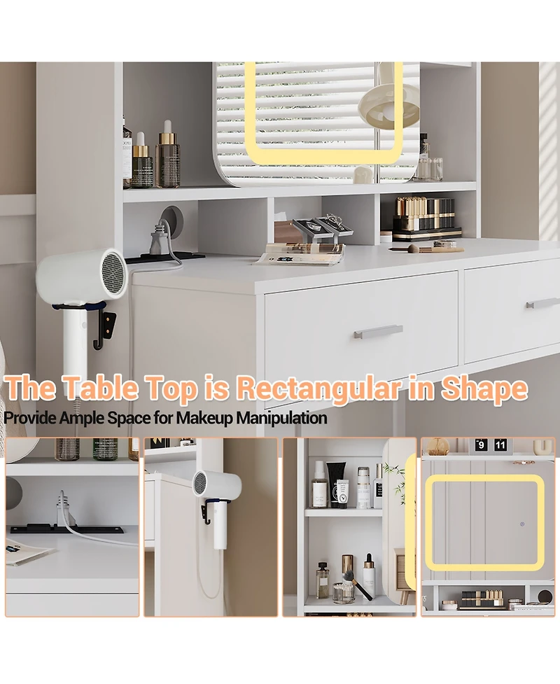 Homfan Vanity Desk with Sliding Mirror, Charging Station, 2 Drawers, Cushioned Stool, 3 Lighting Modes, Dressing Table for Bedroom, Studio