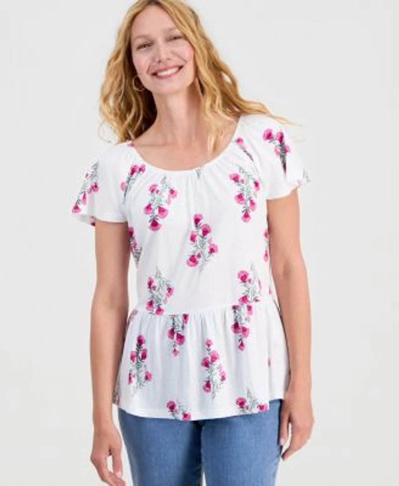 Style Co Womens Printed Peplum Scoop Neck Top Macys Exclusive
