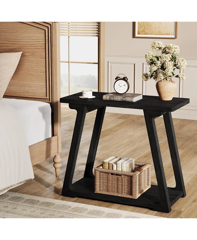 Tribesigns 2-Tier Solid Wood End Table, Narrow Side Rectangle Farmhouse Nightstand for Living Room, Bedroom, Easy Assembly