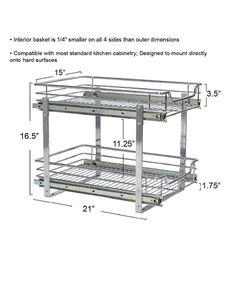 Household Essentials Glidez 14.5" W Steel Pull-Out Basket Storage Organizer, 2-Tier Design, Chrome