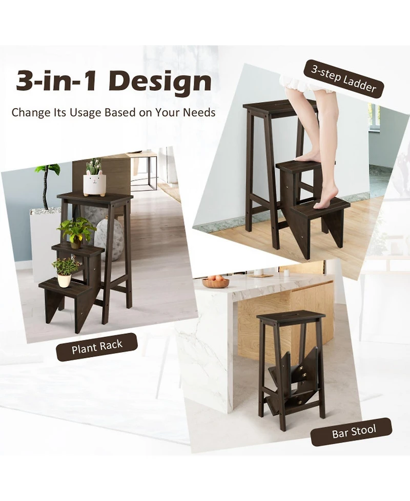 Gouun Rubber Wood 3-Tier Folding Step Stool Ladder with 200 lbs Capacity, 30