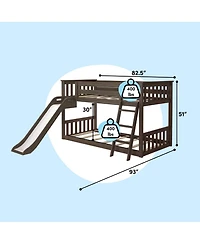 Max & Lily Twin Over Low Bunk Bed with Slide, Solid Wood Kids Platform Guardrails