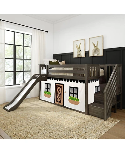 Max & Lily Low Loft With Stairs, Easy Slide and Black White Farmhouse Curtain
