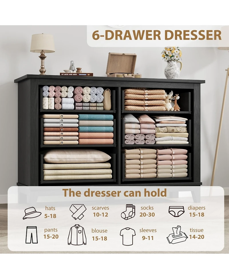 gaomon 6 Drawer Dresser for Bedroom, 47" Wide Wooden Storage Chest, Freestanding Closet Organizer