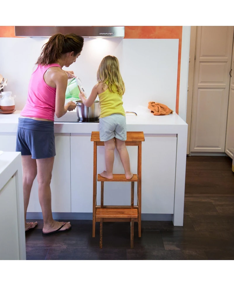 Gouun 30 in. Folding 3-Tier Rubber Wood Step Ladder with Storage Shelf Function