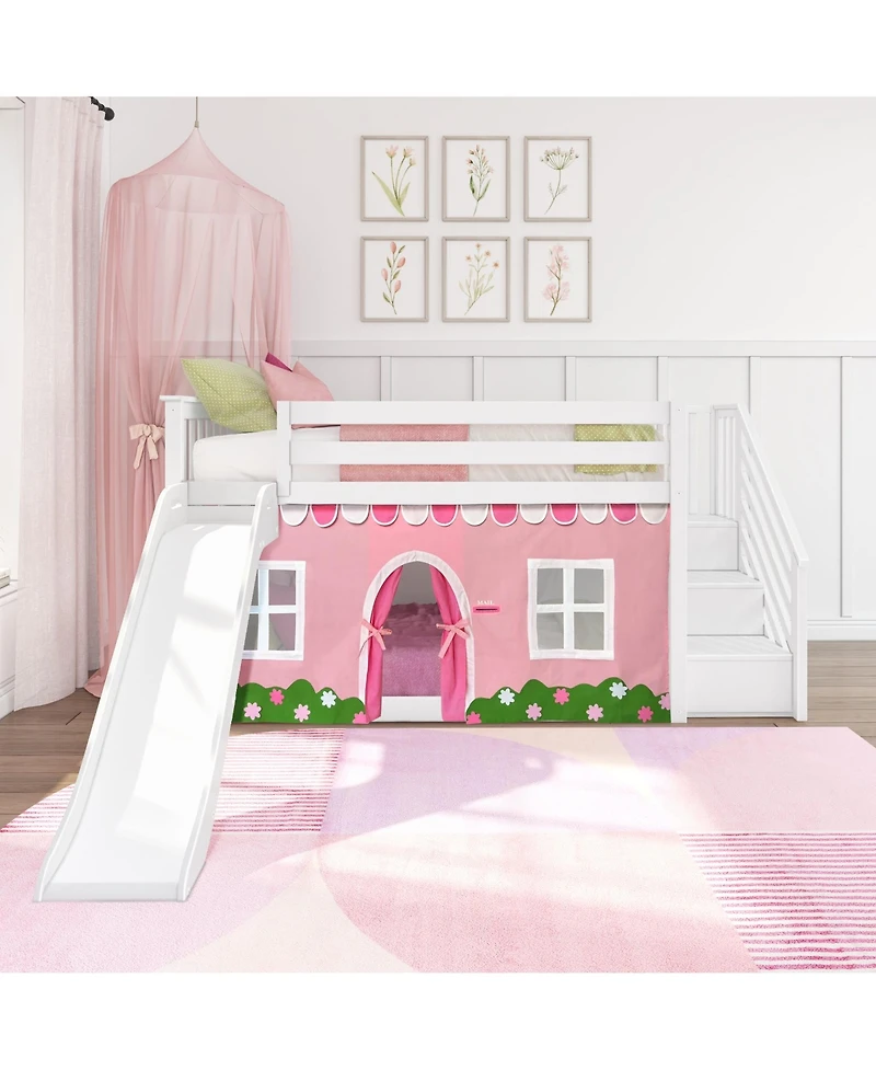 Max & Lily Low Twin over Bunk With Stairs, Easy Slide and Light Pink White Farmhouse Curtain