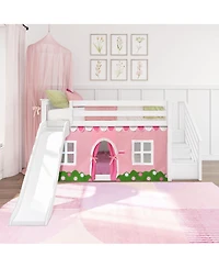 Max & Lily Low Twin over Bunk With Stairs, Easy Slide and Light Pink White Farmhouse Curtain