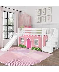 Max & Lily Low Twin over Bunk With Stairs, Easy Slide and Light Pink White Farmhouse Curtain