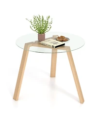 Gouun 36 in Round Glass Dining Table for 4 with Rubber Wood Pedestal Base