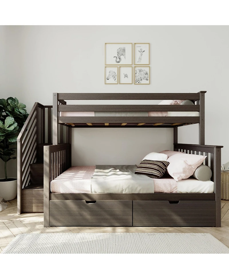 Max and Lily Twin Over Full Staircase Bunk With Storage Drawers, Pecan