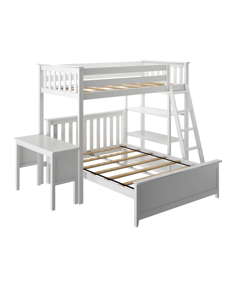 Max and Lily L-Shaped Twin over Full Bunk Bed with Bookcase Desk, Clay