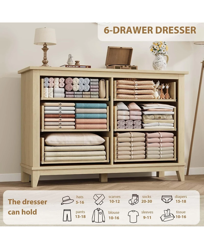 gaomon 6 Drawer Modern Dresser, 47" Wide Wooden Double Storage Chest for Bedroom Entryway