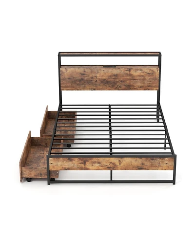 Gouun Full Size Bed Frame with Charging Station, 2 Headboard Shelves and Pull-Out Drawers