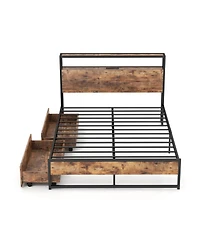 Gouun Full Size Bed Frame with Charging Station, 2 Headboard Shelves and Pull-Out Drawers