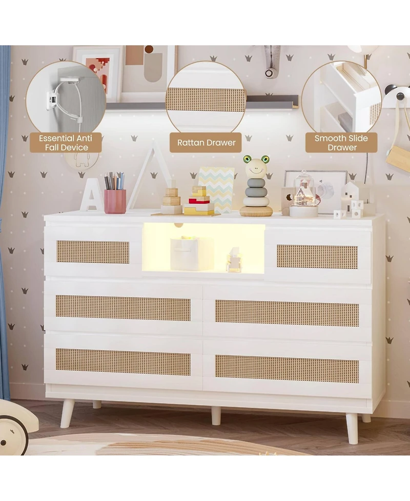 gaomon 6 Drawer Rattan Dresser with Led Lights and Charging Station, Modern Double Chest