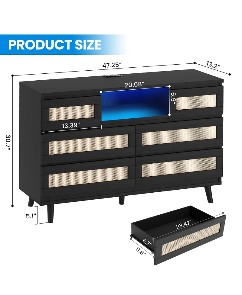 gaomon 6 Drawer Rattan Dresser with Led Lights and Charging Station, Modern Double Chest