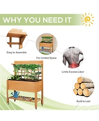 Outdoor Wooden Elevated Plant Bed w/ Shelves for Tool Storage & Wheels