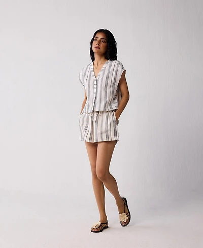 Reistor Women's Striped Matching Set with Regular Shorts and V-neck Top
