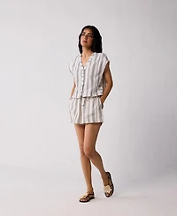 Reistor Women's Striped Matching Set with Regular Shorts and V-neck Top