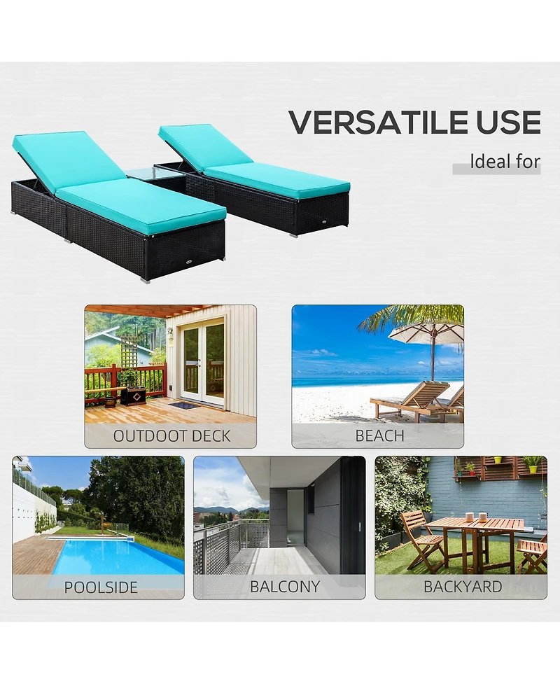 Outsunny 3 Piece Rattan Wicker Chaise Lounge Set, Cushioned Poolside Reclining Lawn Chairs with Tempered Glass Outdoor Side Table, Teal