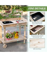 Wood Potting Bench Workstation Table w/ Storage Cabinet, Shelf Natural