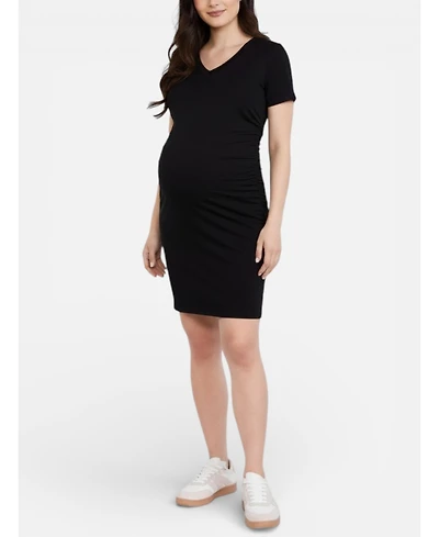 Motherhood Maternity Women's V-Neck Short Sleeve Side Ruched Bodycon Mini Dress