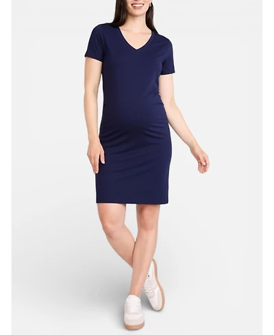 Motherhood Maternity Women's V-Neck Short Sleeve Side Ruched Bodycon Mini Dress
