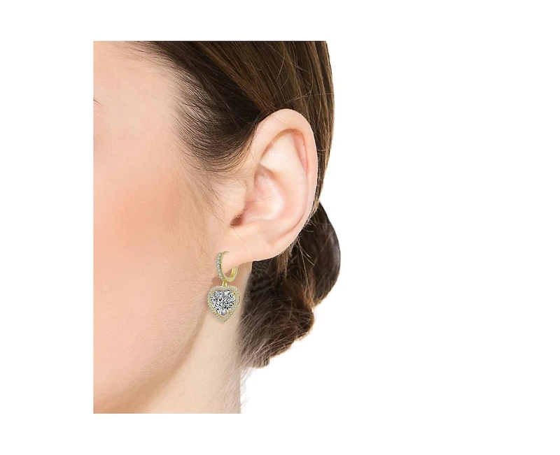 14K Gold Plating with Clear Cubic Zirconia Heart Drop Hoop Earrings