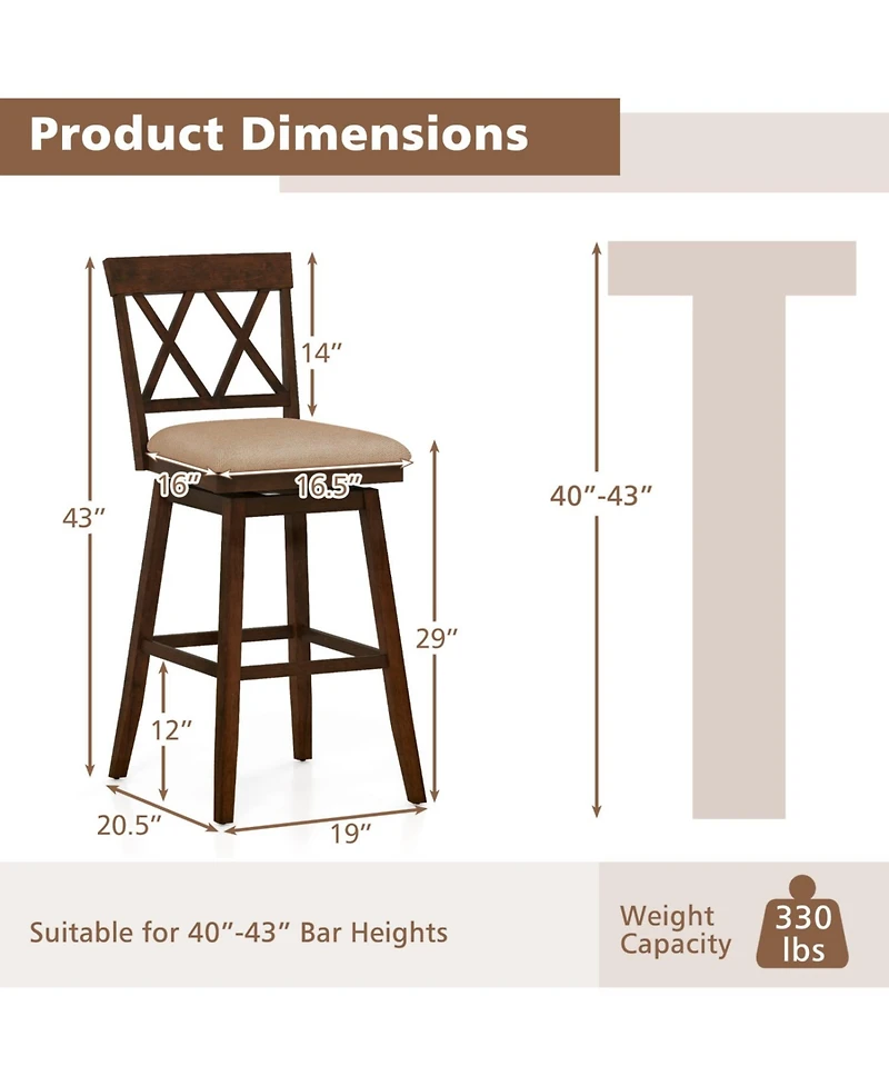 Slickblue Set of 2 Counter Height Barstools with Back Support and Padded Seat for Dining Kitchen