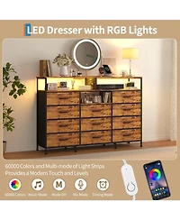 gaomon 11 Drawer Fabric Dresser with Led Lights and Power Outlet, Storage Cabinet Open Shelves