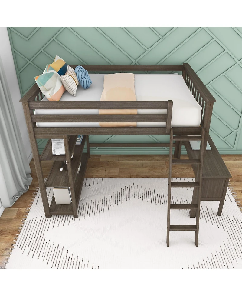 Max and Lily Full High Loft Bed with Desk, Ladder Bookcase, Solid Wood Frame, Space Saving, 400 lbs Weight Capacity, Easy Assembly